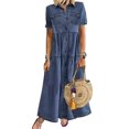 thumbnail image 1 of Cheers Retro Women Short Sleeve Turn Down Collar Pockets Buttons Long Loose Denim Dress, 1 of 5