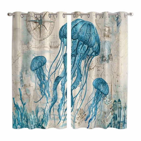 Teal Jellyfish Coastal Kitchen Curtains Window Panels, Vintage Summer Beach Nautical Insulated Window Treatment Curtain, Grommet Curtains for Bedroom/Living Room/Bathroom, 2 Piece 52"Wx84"L