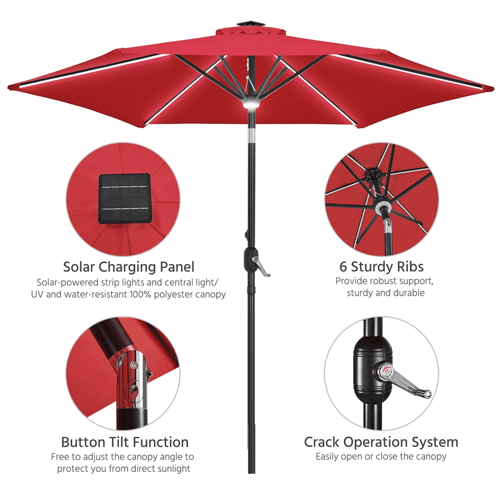 Renwick 9Ft Outdoor Patio Umbrella with Solar Powered LED Lights Strips, Red