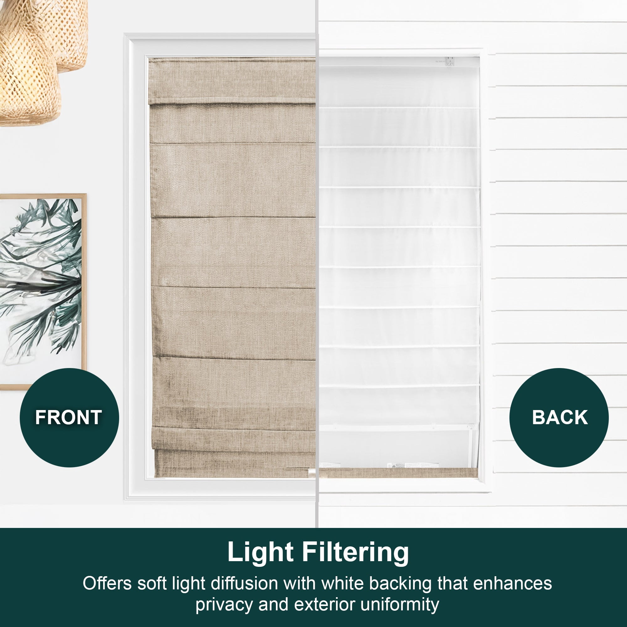 Chicology Cordless Roman Shade, Light Filtering, Belgian Flax, 35"W X 72"H