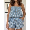 thumbnail image 5 of Women 2 Piece Lounge Set Plaid Summer Pajama Set Sleeveless Peplum Cami Top and Wide Leg Shorts Set Beachwear Vacation Outfits, 5 of 8