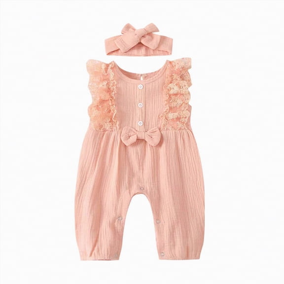 mgoYE Baby Girl Clothes Outfits Infant Summer Romper Cotton Linen Preemie Newborn Essentials Photography with Headband(Red,12-18 Months)