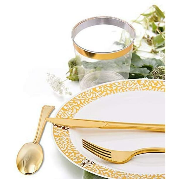 Vaisselle jetable en plastique Rose doré, 25 pièces, Design en dentelle,  assiettes de fête de mariage, service de table doré, couteau, fourchette,  cuillère, plat de qualité alimentaire - AliExpress