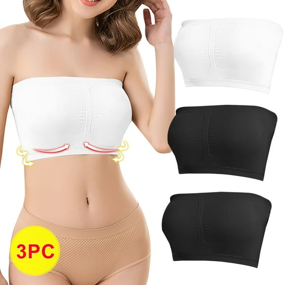 Xysaqa Women's 3 Piece Strapless Bras Bralette Seamless Bandeau Stretchy Padded Bandeau Tube Top Bra (Available in Plus Size)