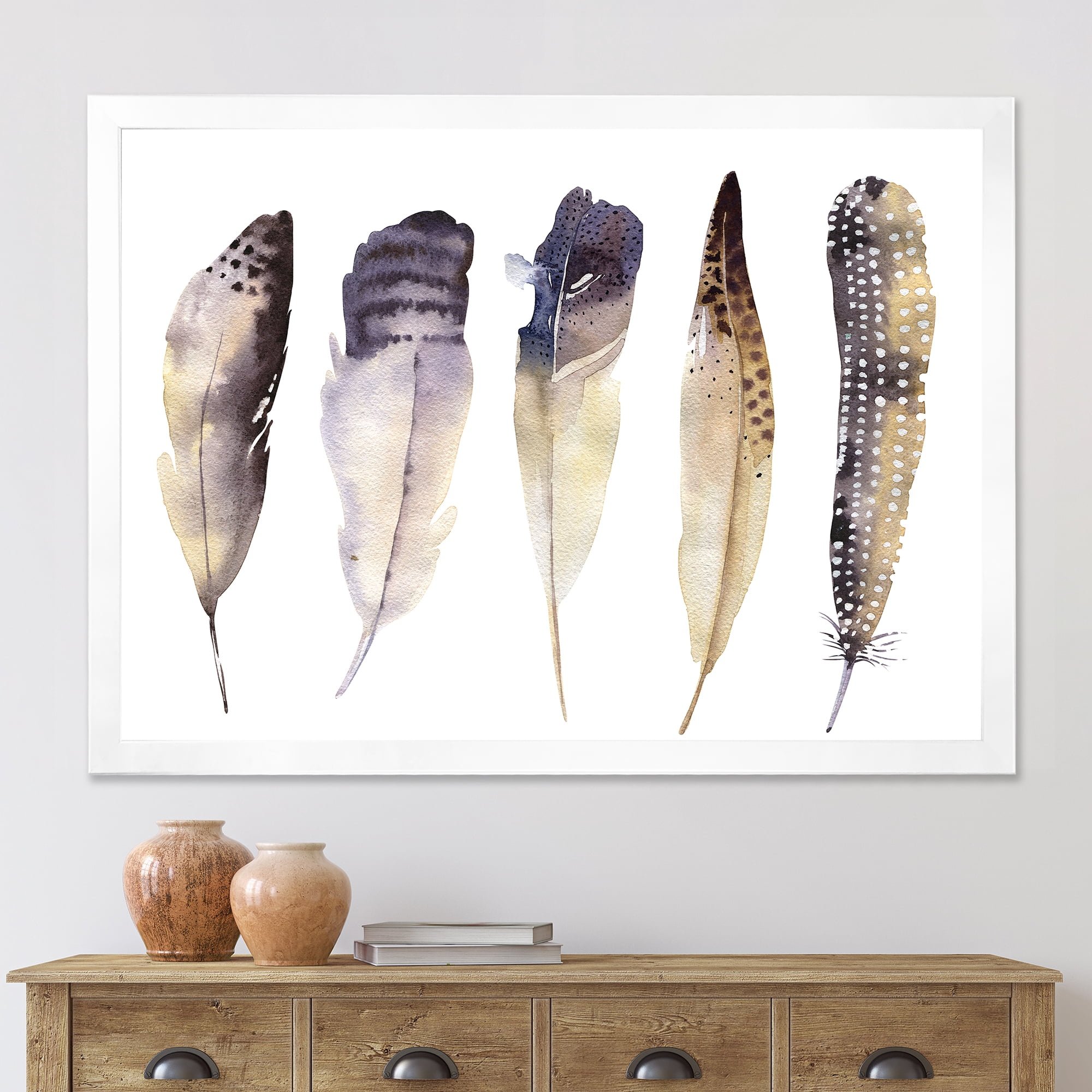 Designart 'Dark Gray Feathers Boho Ethnic II' Bohemian & Eclectic Framed Art Print