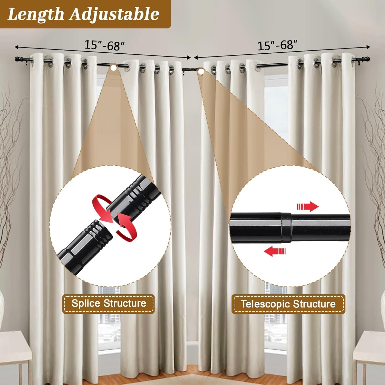 SOUMNS 1" Diameter Black Bay Window Curtain Rods，30" -136" Tecescoping Corner Curtain Rod (2 sides)for Living Room
