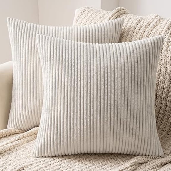 Eryueer Set of 2 Striped Corduroy Square Throw Pillow Case Soft Cushion Cover Sham Home for Sofa Chair Couch/Bedroom Decorative Fluffy Large Pillowcases 18x18 Inch 45x45cm Cream White