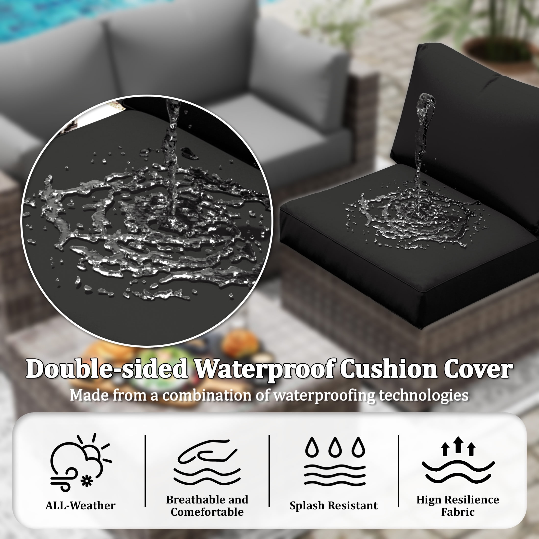 Kimunuk Outdoor Replacement Cushions for Patio Furniture, 4" Foam High-Density, 8-Piece Water-Resistant Outdoor Cushion for 3-Seat Sectional Patio Conversation Sets, Liner&Cover, Black