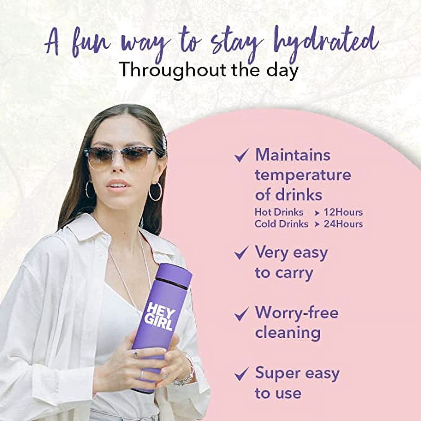 Hey Girl Tea Infuser Bottle 450ml - Insulated Stainless Steel Water Bottle (Deep Purple)