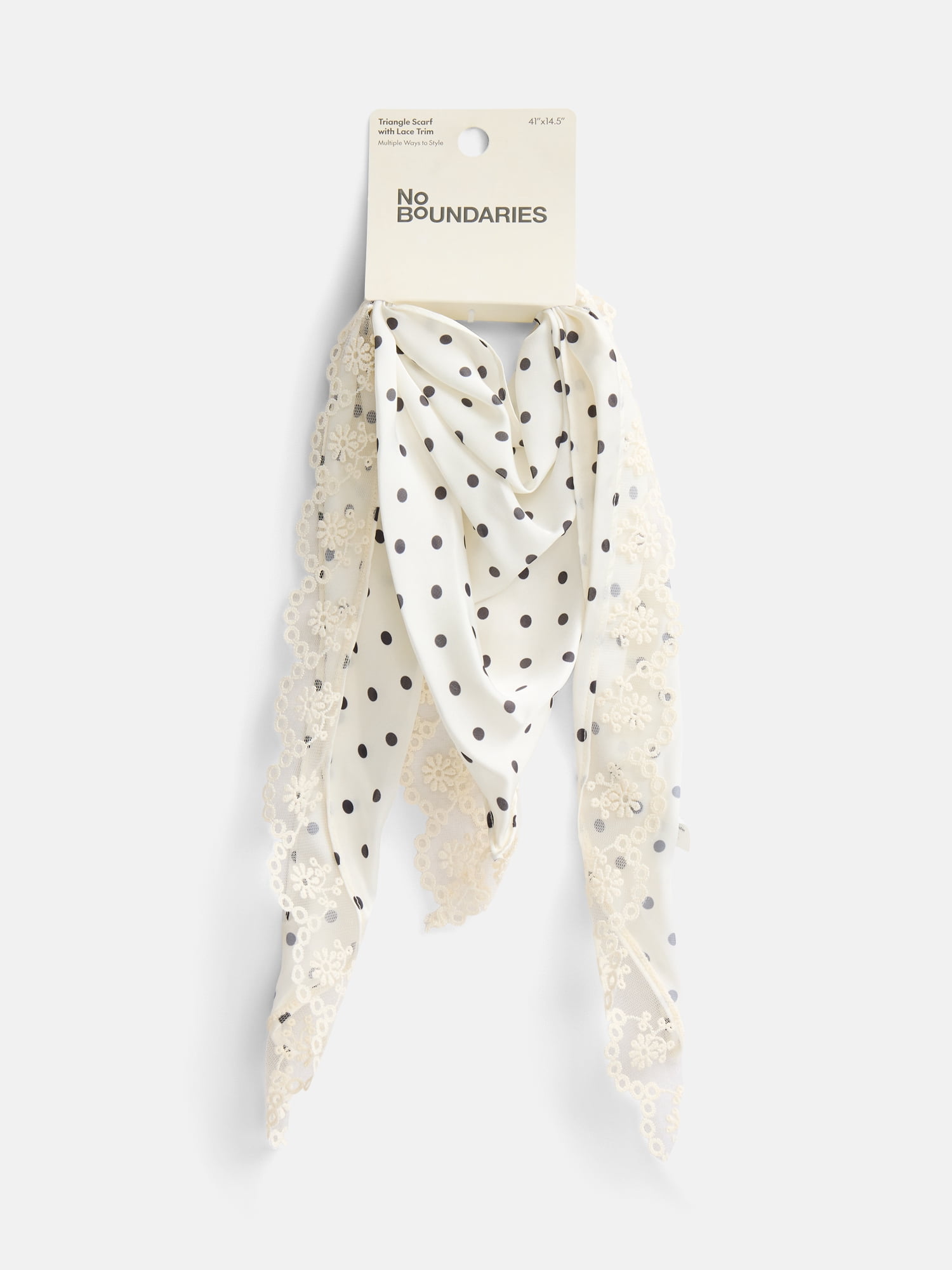 No Boundaries Women's Triangle Scarf with Lace Trim, Cream Dot