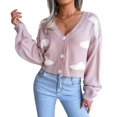 thumbnail image 3 of Women'S Casual Elegant Cloud Print Cropped Button Front Long Sleeve V Neck Knit Cardigan Pink M, 3 of 10