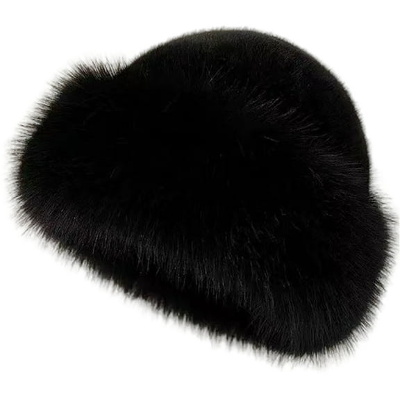 HAJWOH Winter Faux Fur Hat for Women Fluffy Soft Russian Hat Faux Fur Trimmed Warm Cap Black