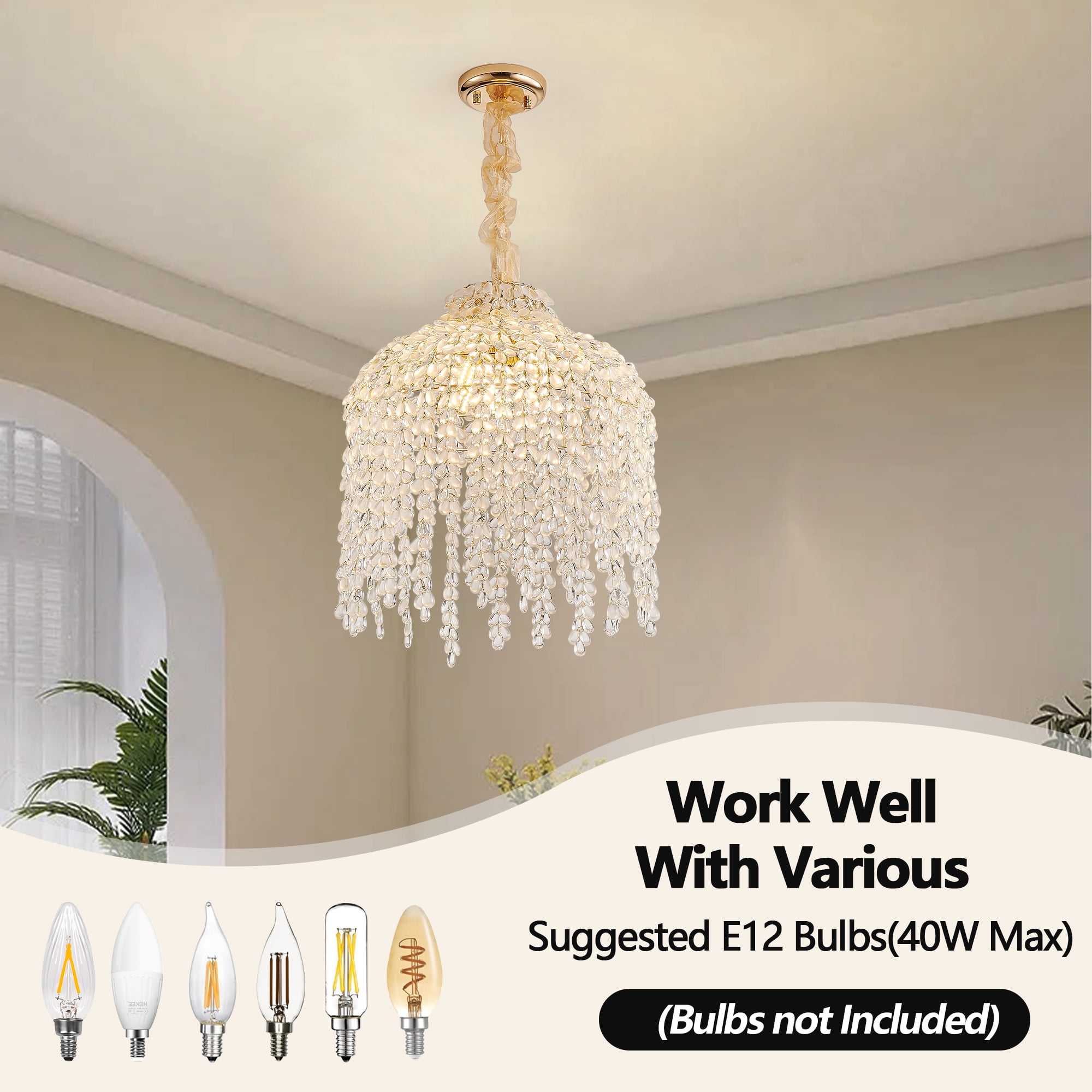 15.7 Inch Crystal Chandelier, Adjustable Height Pendant Light with Grape-Shaped Crystal Bead Strings, Modern Ceiling Hanging Lamp Fixture for Living Room, Bedroom, Dining Room