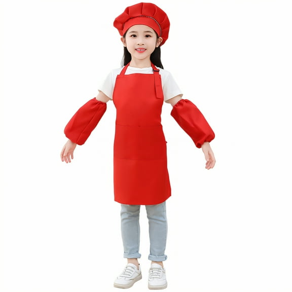 AUQ Kids Chef Hat and Apron,Polyester Fabric Surface Toddler Apron,Body-Hugging Fit Apron with Pockets,Red