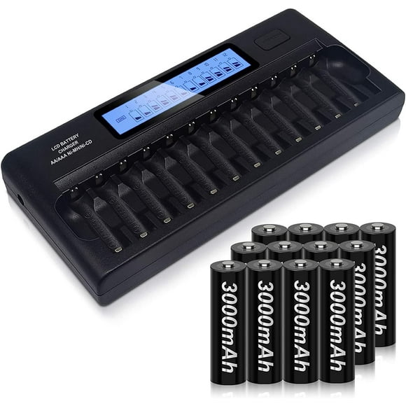 AIR-AA Rechargeable Battery with Charger, 12 Pack AA 3000mAh Ni-MH Rechargeable Batteries 1.2V with 12 Slot AA AAA LCD Display Battery Charger
