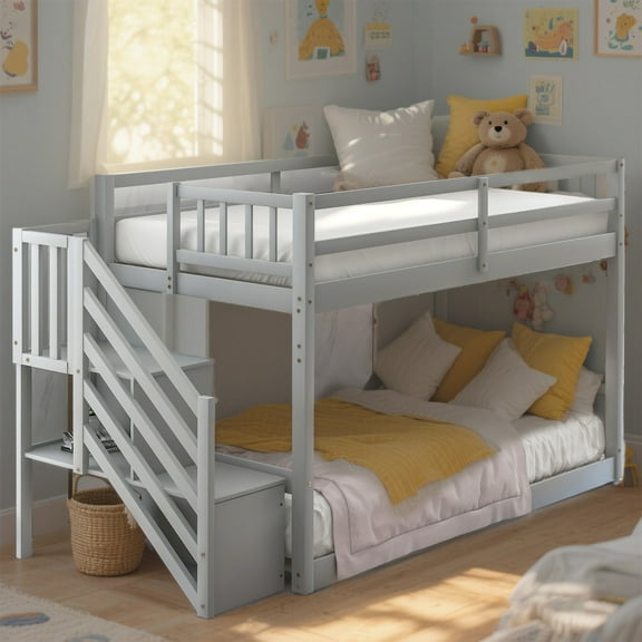 YIYADO Stylish Twin over Twin Bunk Bed with Built-In Ladder and Storage, Gray Solid Pine