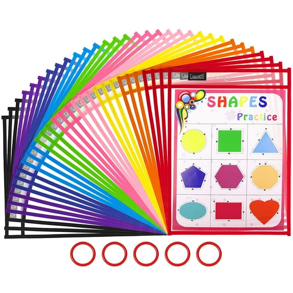 Gamenote Dry Erase Pockets 30 Pack with Rings, 10x13 Oversized Reusable Plastic Sleeves Shop Ticket Holders Sheet Protectors Teacher Supplies for Classroom Organization (Colorful)