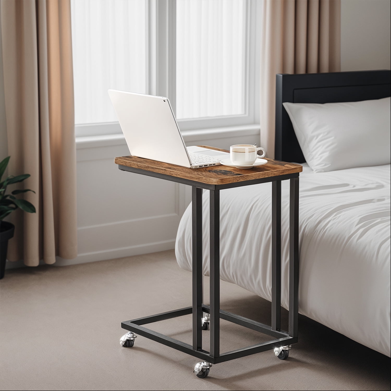 LEDREM C-Shaped End Table with Wheels - Industrial Side Table for Sofa & Bed, Adjustable Height, Rustic Brown and Black