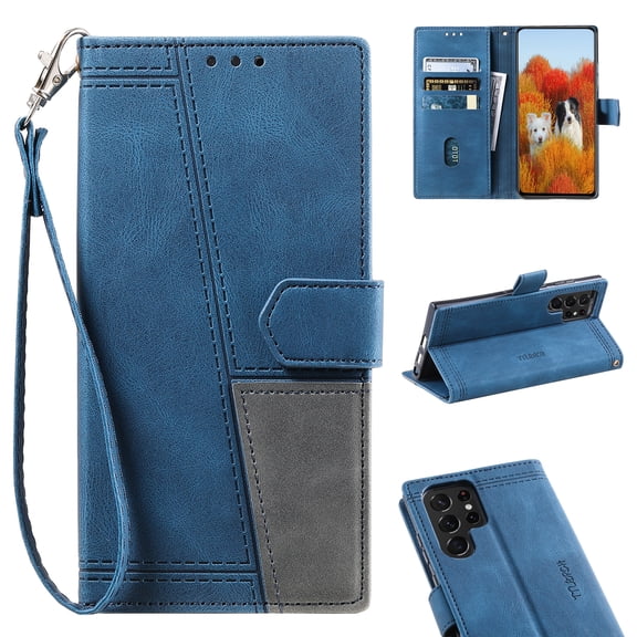 Allytech Wallet Case for Galaxy S22 Ultra 5G, Magnetic Snap Kickstand RFID Blocking Card Slot Folio PU Leather with TPU Shockproof Case with Hand Strap Case for Samsung Galaxy S22 Ultra 2022 6.8",Blue