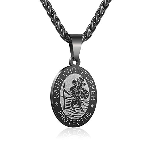 RS Stainless Steel Black St Christopher Medal Necklace for Men Boys Saint Christopher Pendant with Chain 24 Inches
