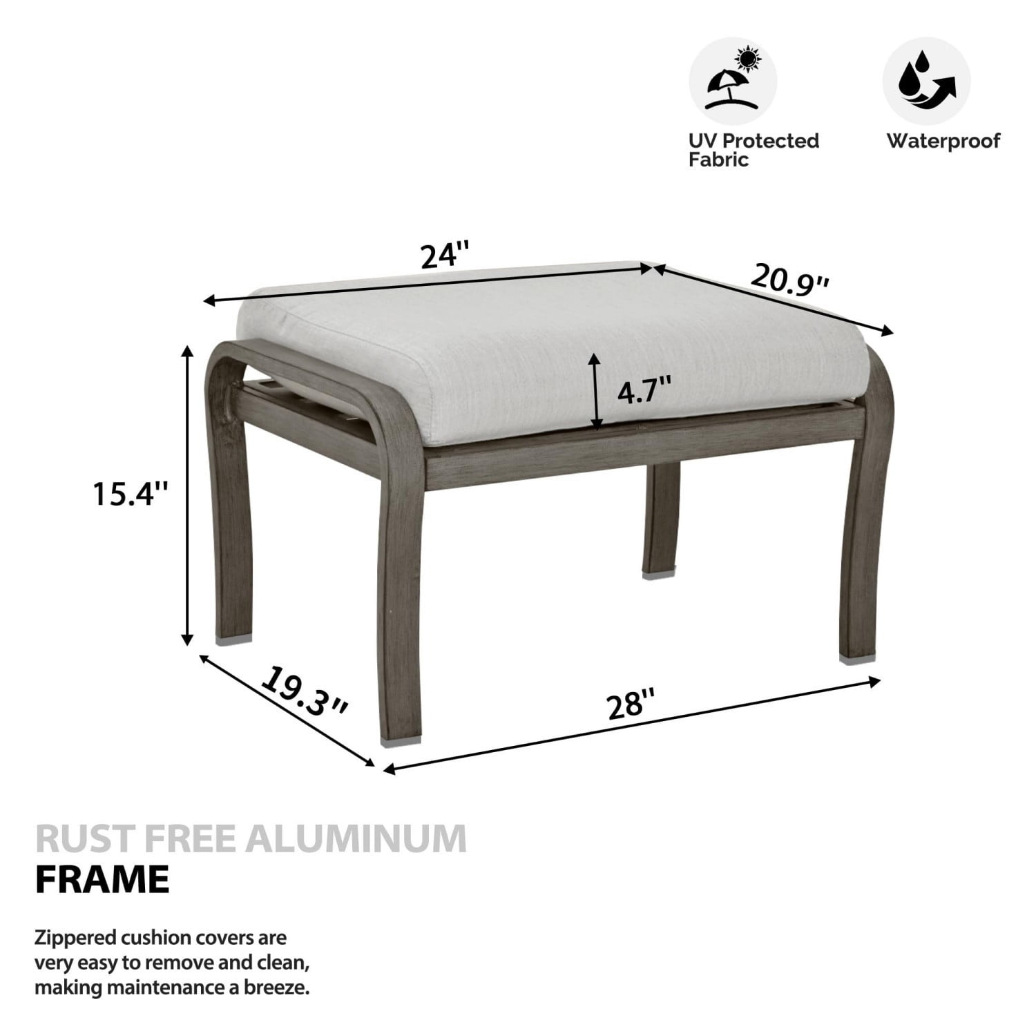 Set of 2 Outdoor Patio Ottomans, Aluminum Footstools with Cushions, Multifunctional Outdoor Seating or Side Table for Balcony, Deck, Backyard, Grey