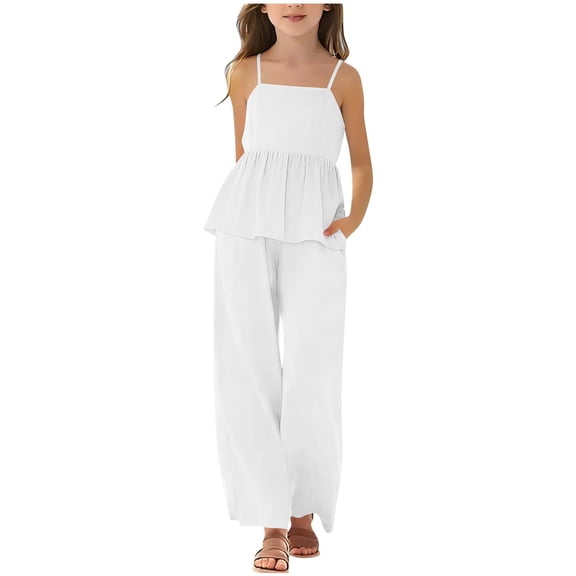 hoksml Girls' Cami Top and Wide Leg Pants Set, Square Neck Ruffle Hem Spaghetti Strap Top and Elastic Waist Pants with Pockets, Kids' Summer Casual Outfit