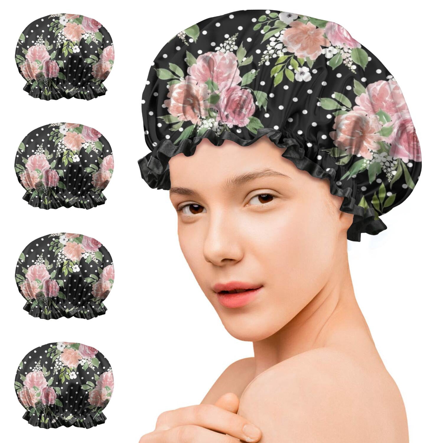Shower Caps,Pioneer Flower Floral Print Pattern Waterproof Shower Cap for Women 4 Pieces,Double Reusable Hair Cover for Shower PEVA Elastic Stretch Hem