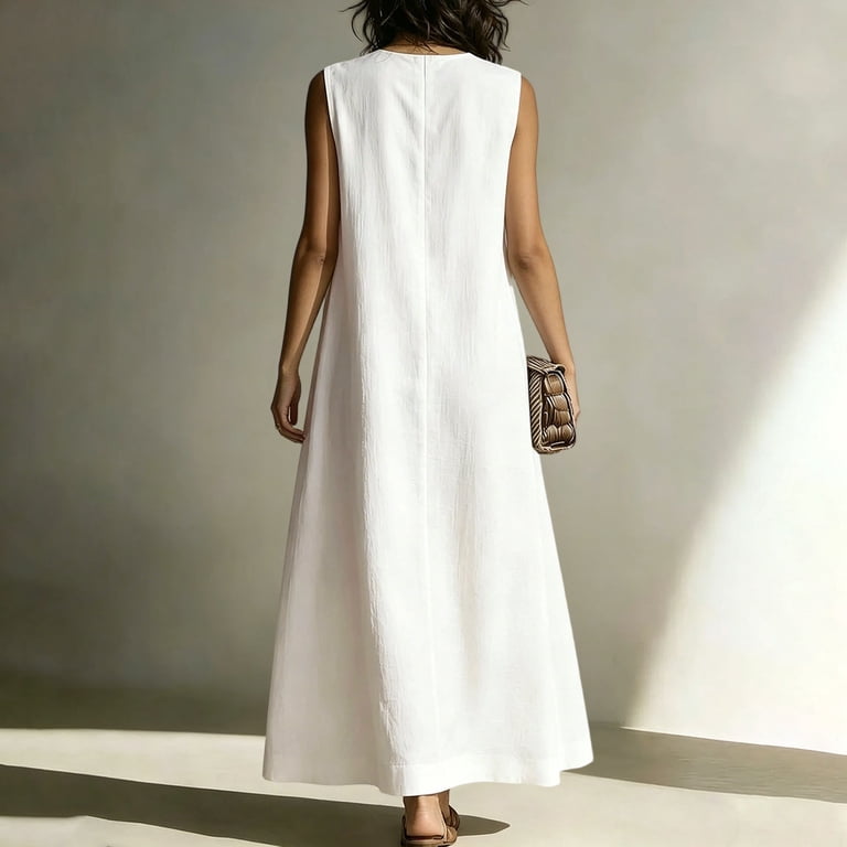 White Sleeveless Dresses for Women Fall Summer V Neck Faux Gauze Linen Midi Knee Length Loose Fit Casual Plain Dresses Womens 2026 Clothes Fashion XL