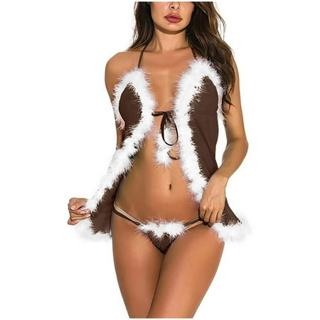 

KUNPENG Women s Sexy Lingerie Christmas Dress Flannel Plush Sling Nightdress Set Valentine s Nightgown Pajamas Coffee / M
