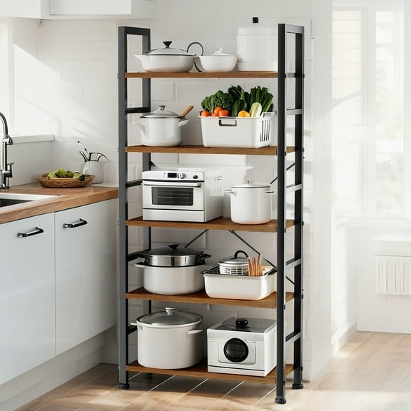 5 Tier Bookshelf  with Storage, Wood Bookcase Organizer, Tall Display Open Shelf For Home, Office, Bedroom, Living Room, Vintage