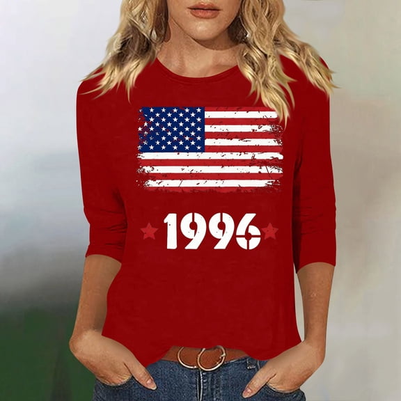 HOMBOM Summer Tops for Women Graphic T-Shirts 3/4 Sleeve Retro 1996 Print Soft Red Crew Neck Young Womans Graphic Tees