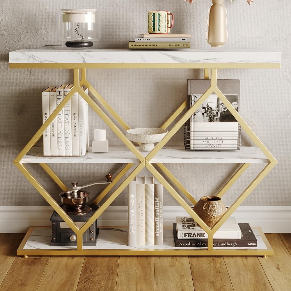 Industrial 3-Tier Entryway Table, Console Sofa Table with Open Shelves, X-Shaped Metal Frame, Foyer Accent Table for Entryway, Hallway