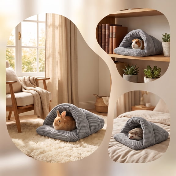 Cififendec Small Pet Semi Enclosed Cave Bed, 12.6"×11.81", Warm Grid Pattern Hideout Nest for Rabbit Guinea Pig Kitten Hedgehog Indoor Resting