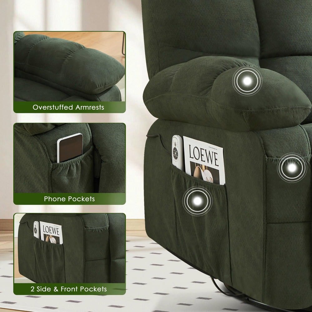 Resenkos Oversized Swivel Recliner Chair with Massage & Heat, 350lb Capacity, 8 Vibration Modes, USB Port, Green