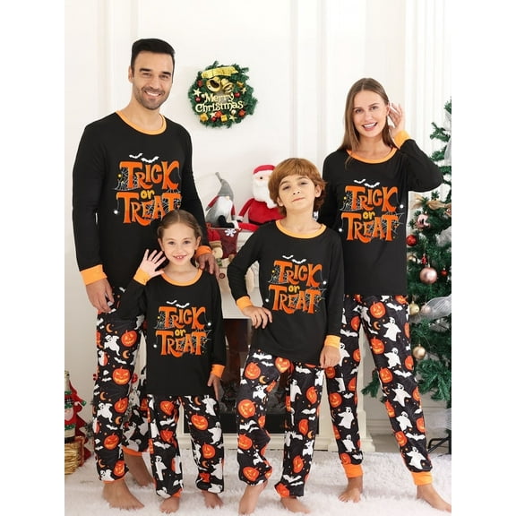 DAKIMOE Halloween Pajamas Family Matching Set Holiday Print Long Sleeve Jammies Loungewear PJs Set Sleepwear Adult Kids Men Women Toddler