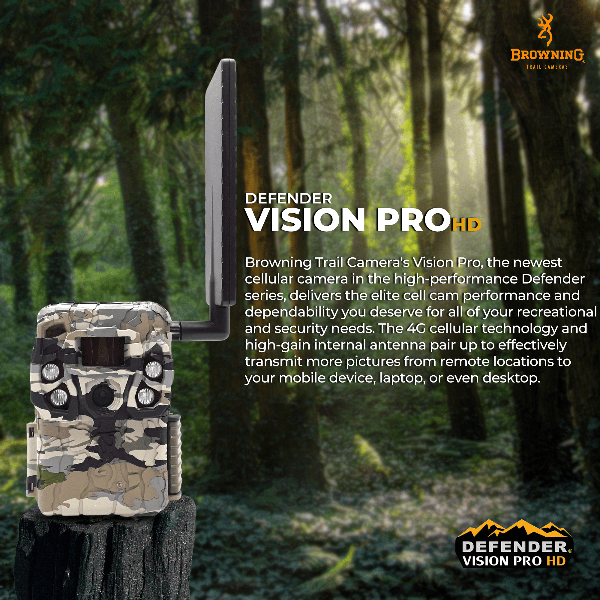 Browning Trail Camera Defender Wireless Vision Pro HD Cellular Trail Camera, 24 MP, Dual SIM Trail Camera, 110ft Night Detection Range