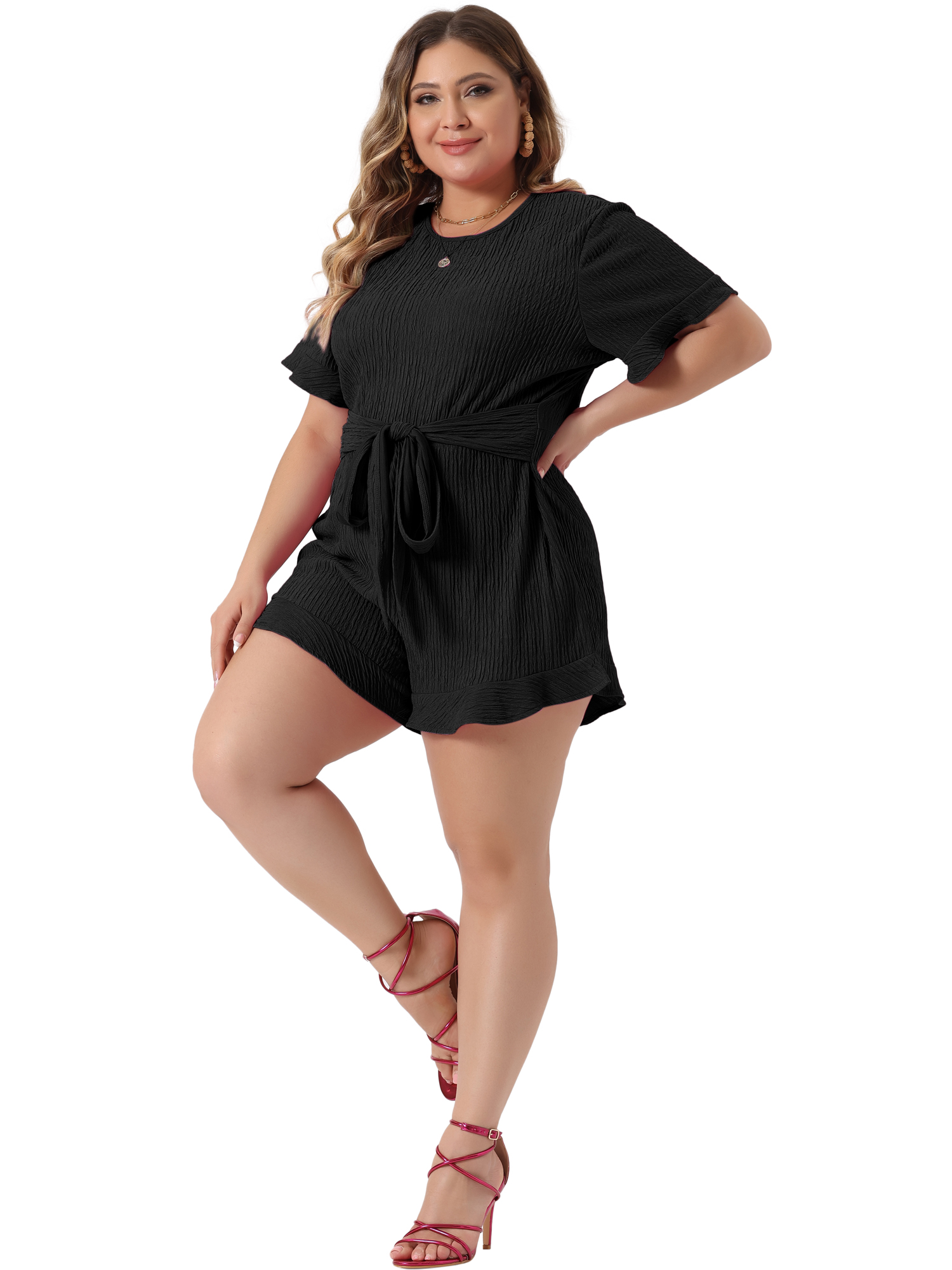 DARING DIVA Women's Plus Short Sleeve Ruffle Front Tie Short Jumpsuits 1X Black