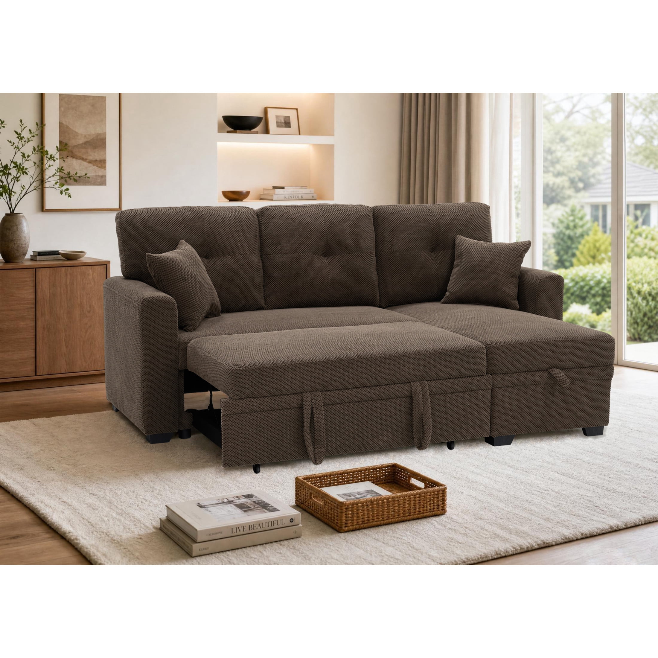 Noble House Sleeper Sectional Sofa with Pull-Out Bed, Reversible Storage Chaise, Coffee