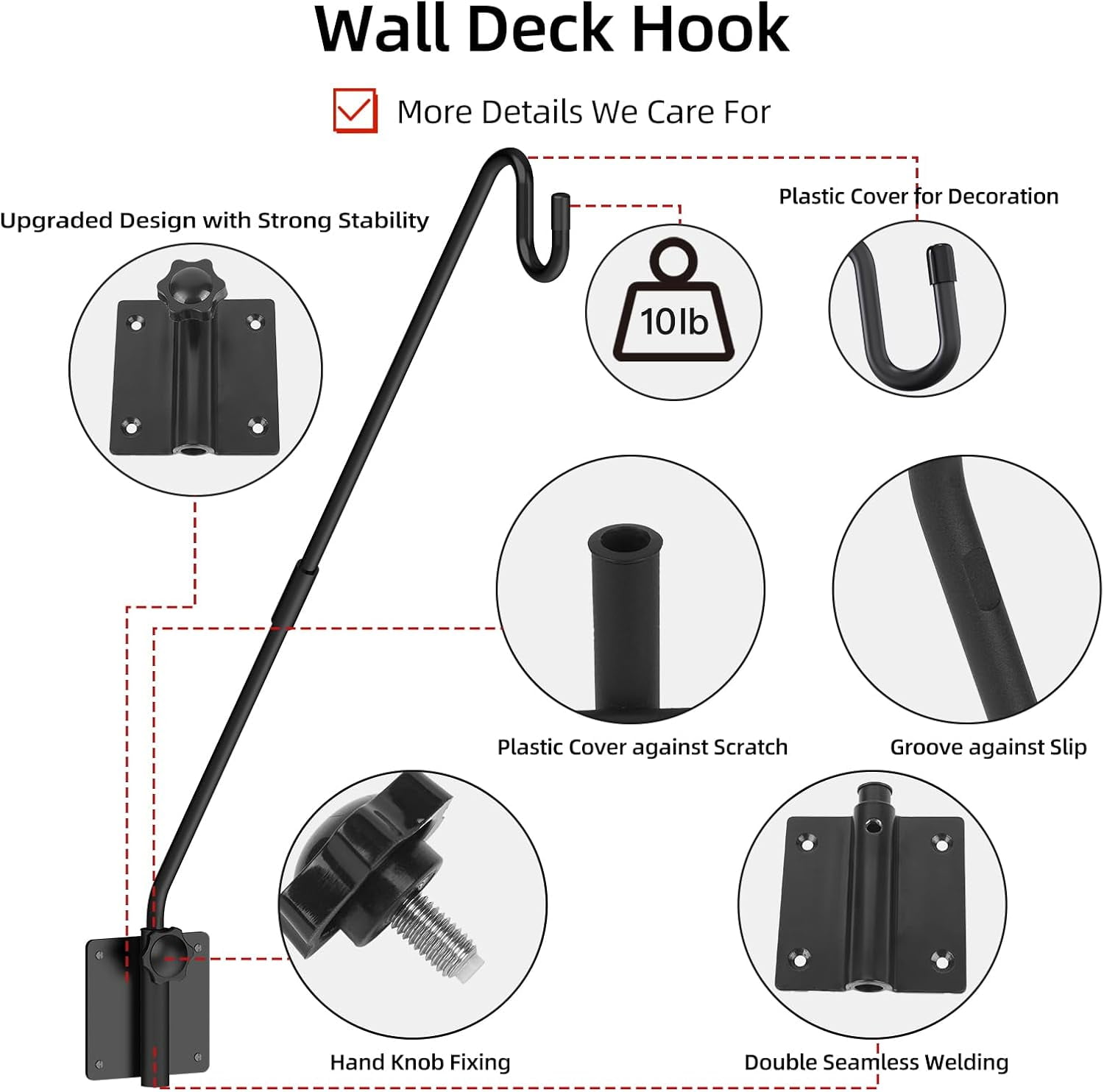 Deck Hook Wall Mounted - Heavy Duty Metal Shepherds Bracket for Outdoor Plant Hanger, Bird Feeder Hooks, Flower Baskets, Lanterns 360° Rotating Pole, Extended Arm