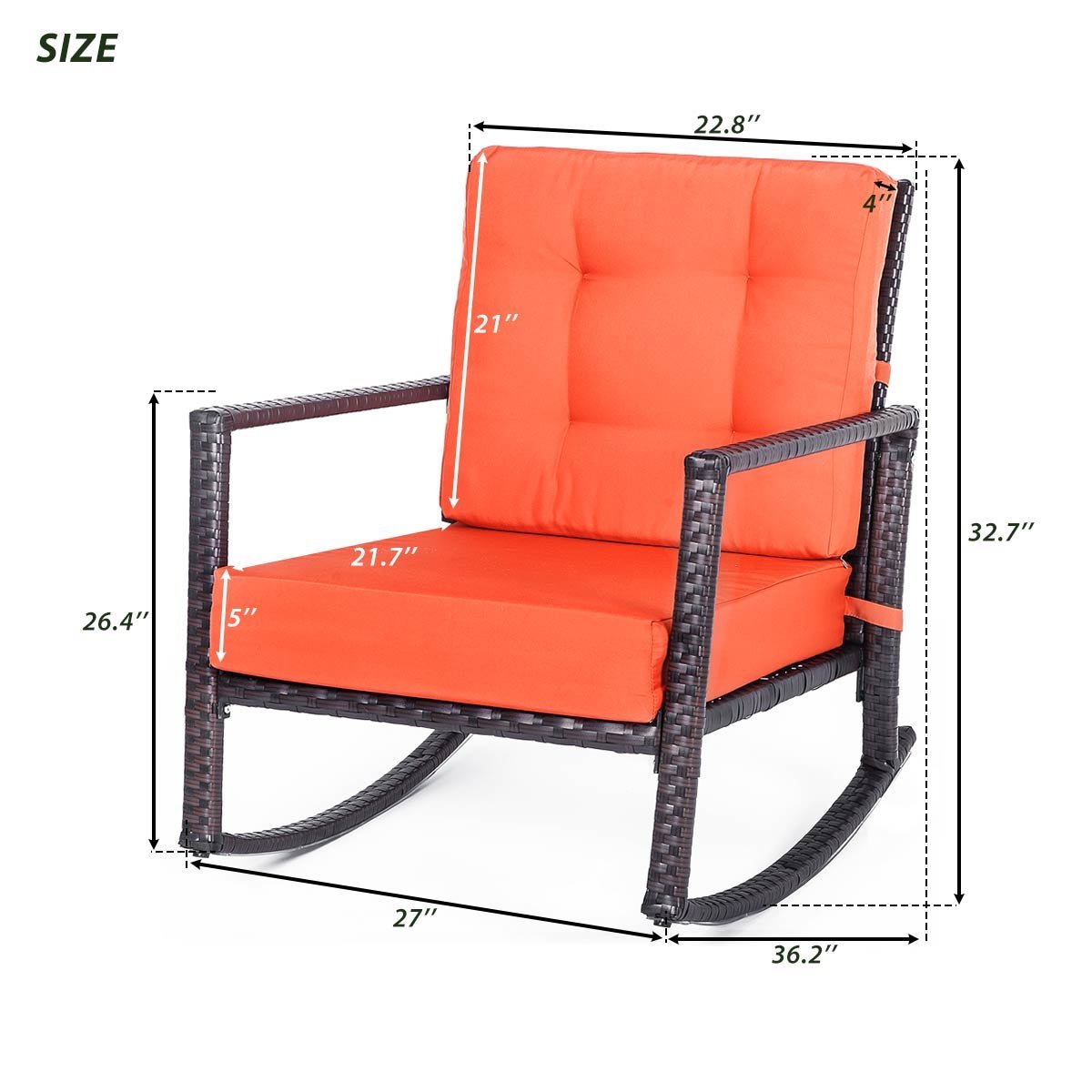 Merax Cushioned Rattan Rocker Chair Patio Glider Lounge Wicker Chair with Cushion(Orange Cushion) - image 3 of 5