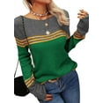 thumbnail image 3 of Women Autumn Winter Colorblock Pullover Sweaters Round Neck Striped Slim Fitting Knitwear Tops, 3 of 9