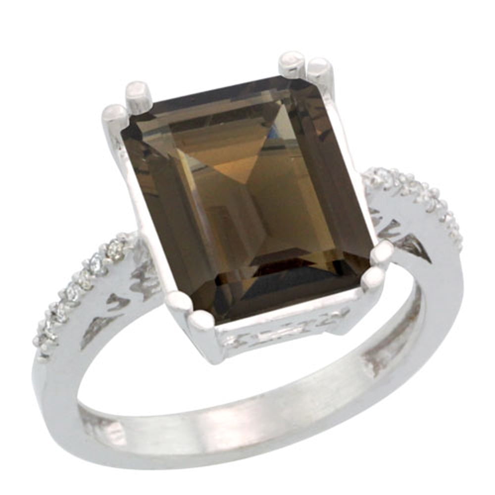 Sterling Silver Diamond Natural Smoky Topaz Ring Emerald-cut 12x10mm, 1 2 inch wide, sizes 5-10 by WorldJewels