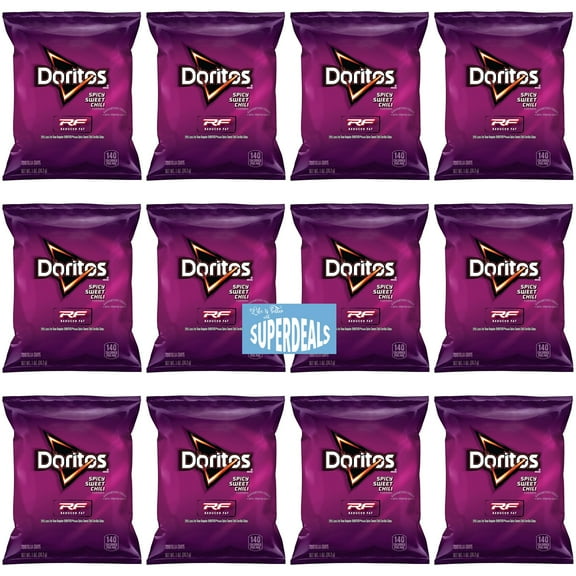 Doritos Flavored Tortilla Chips, Spicy Sweet Chili, Reduced Fat,1 Ounce (Pack of 12) Bundled by SUPERDEALS with Mystery Gift