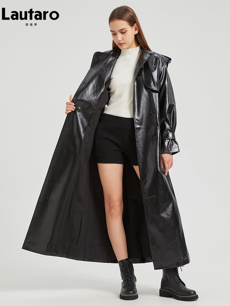 Lautaro Autumn Extra Long Gold Shiny Patent Pu Leather Trench Coat