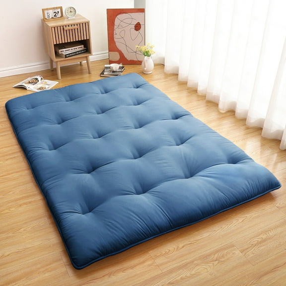 Full Size Japanese Floor Futon Mattress – Collapsible Tatami Sleeping Pad, Portable Roll-Up Floor Bed, Water Resistant, Space-Saving, For Adults, Guest Room, Camping, Dorm – Navy Blue, FULL