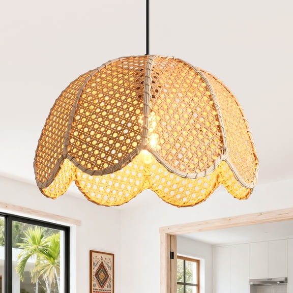 16" Bohemian Natural Petal Handwoven Wicker 1-Light Adjustable Pendant Light