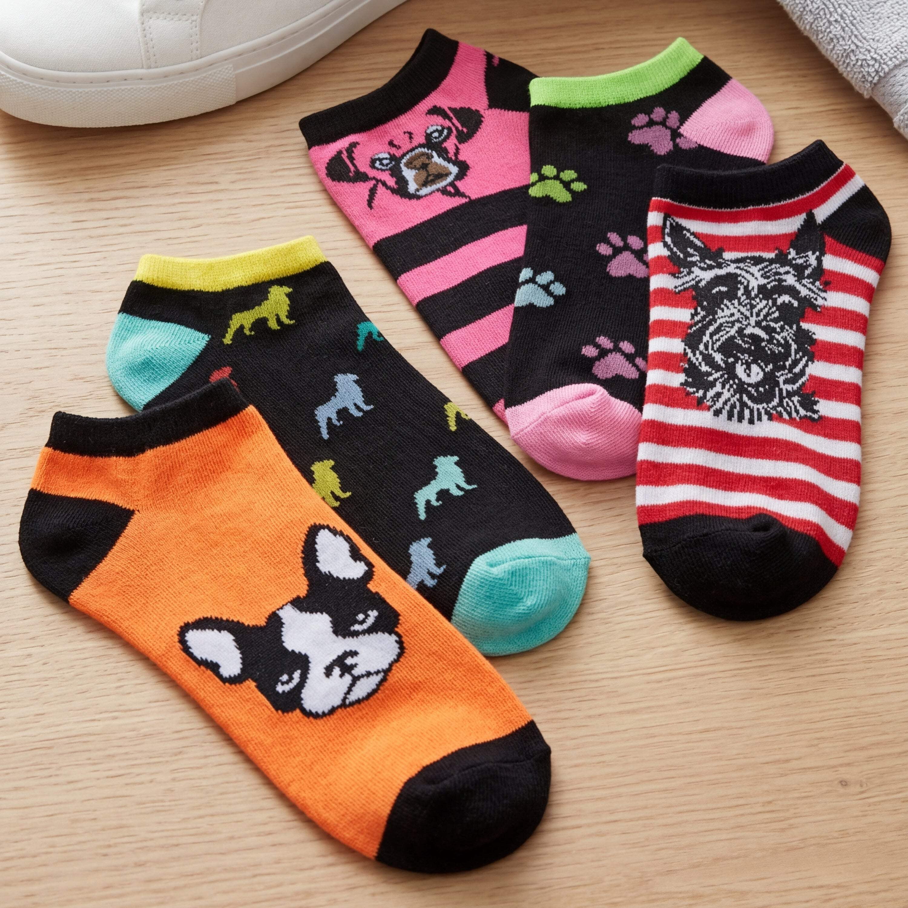 Tipi Toe Women's 20 Pairs Colorful Cat & Dog Patterned Low Cut No Show Socks, Size 9-11