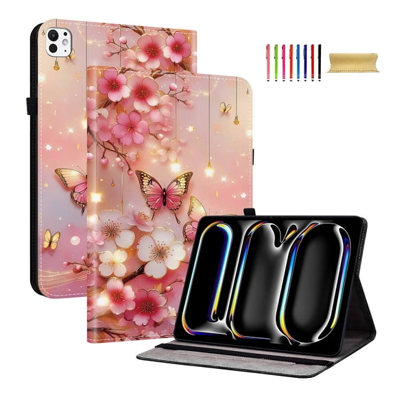 For iPad Air 13" M3 M2 Case 2025/2024, iPad Pro 12.9" 2022/2021/2020/2018 Case, Premium PU Leather Flip Stand Cover with Cards Slots Pencil Holder Shockproof TPU Inner Case, Buttefly Flower