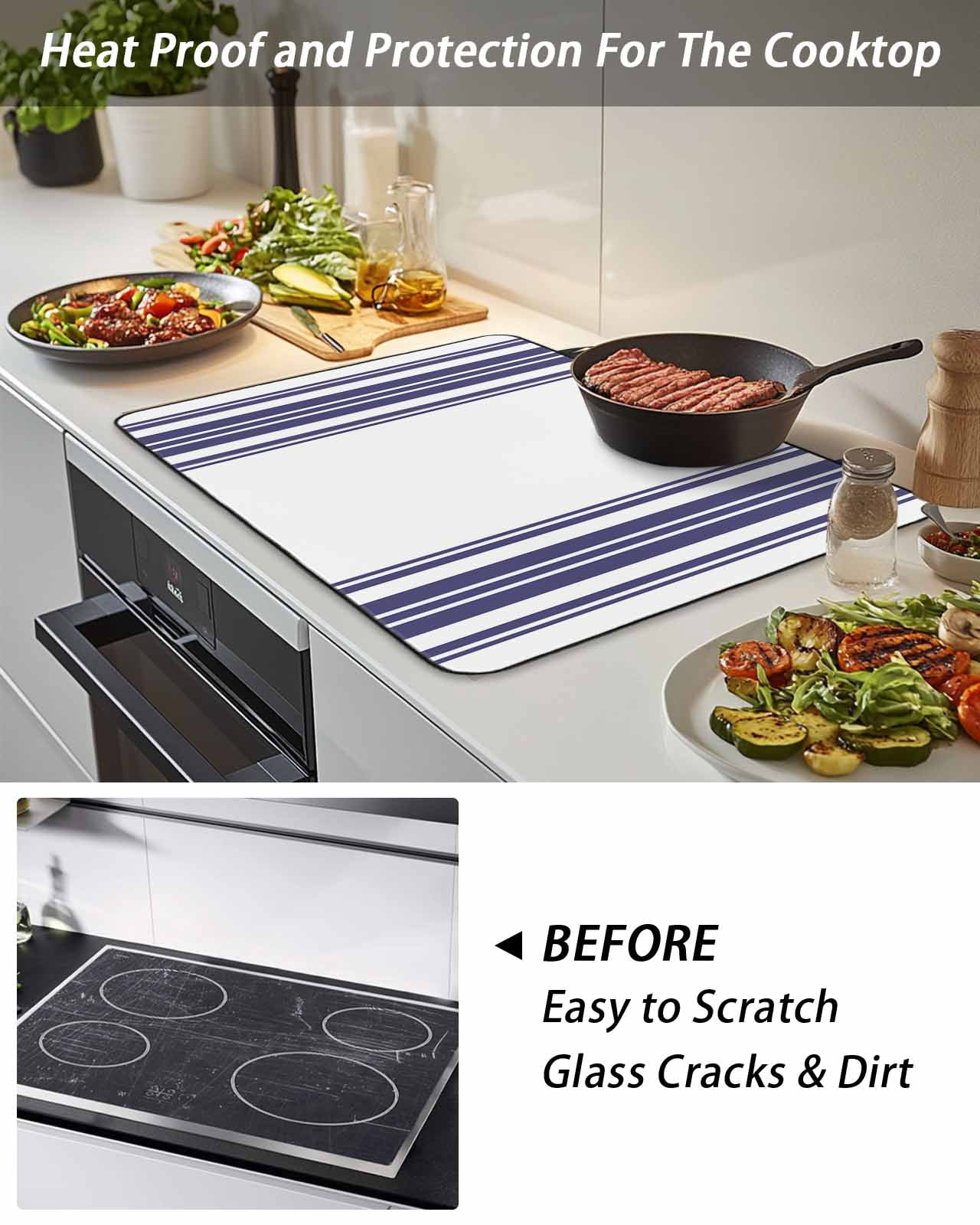Stove Top Covers for Electric Stove, Navy Blue Striped Glass Stovetop Cover Protector, Modern White Striped Abstract Art Aesthetics Induction Cooktop Protector Oven Mat for Kitchen Countertop 24"x21"