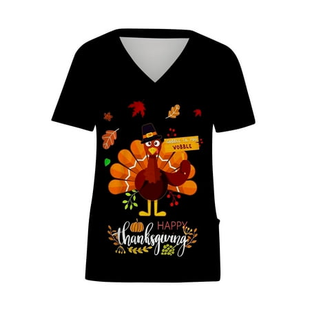 

Funicet Thanksgiving Shirts for Women Scrubs Tops Plus Size Working Uniform With Pockets Short Sleeve V-neck Nursing Uniform Printed Blouse